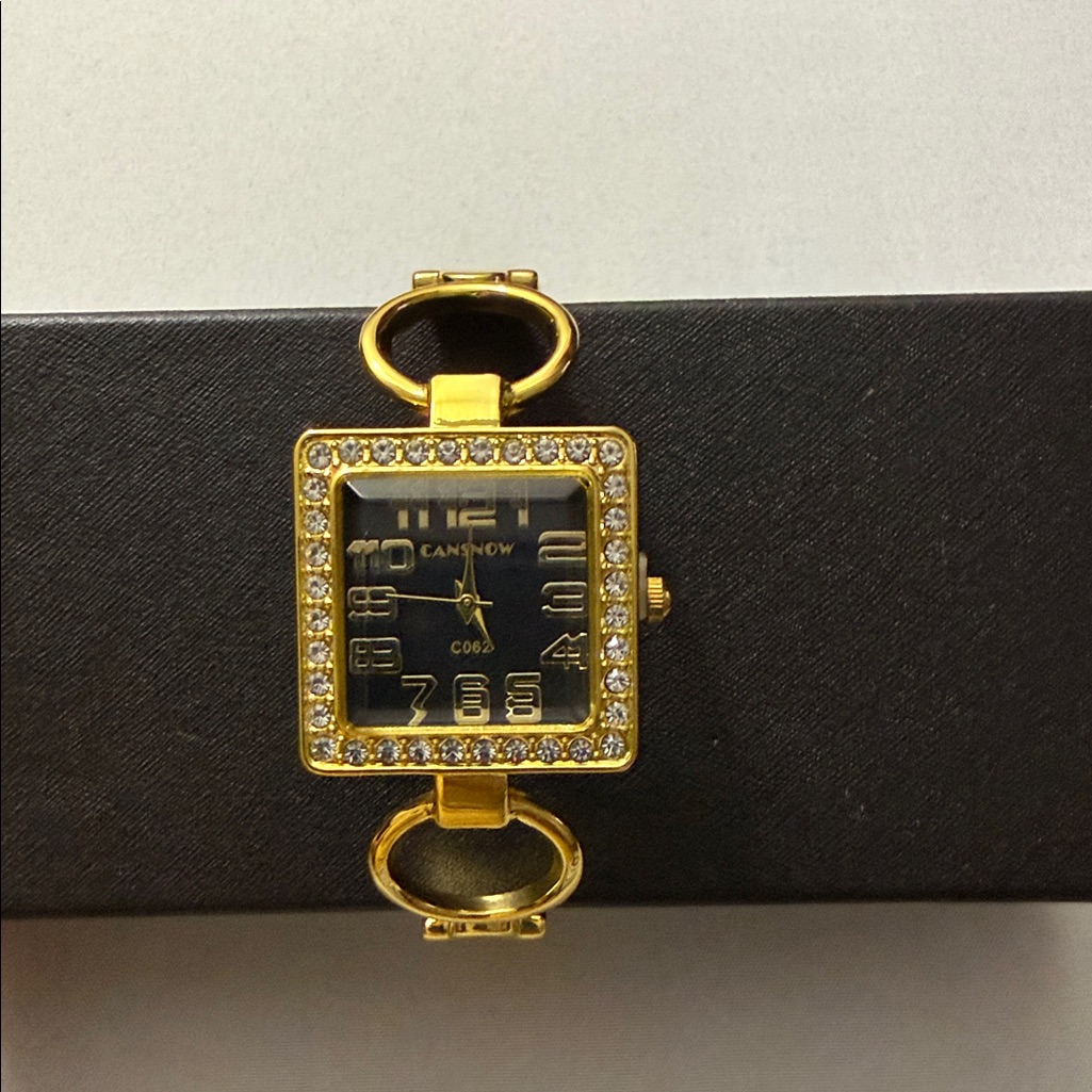 Gold Square Crystal Bezel Bracelet Watch  Black Dial